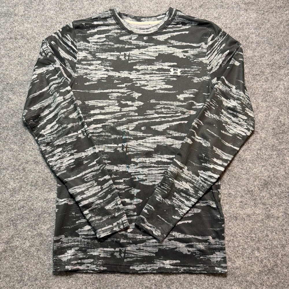 UNDER ARMOUR ColdGear Mens Small Long Sleeve Fitted Camo Grey Black Athletic Top